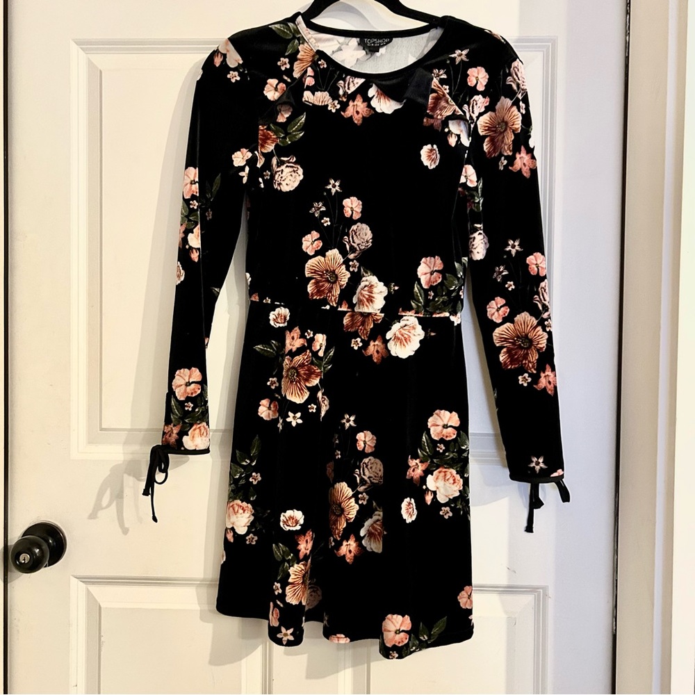 Topshop black velvet floral dress